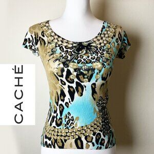 Vintage Cache Beaded Top | Abstract Leopard Print | Rare Find | Size S | EUC